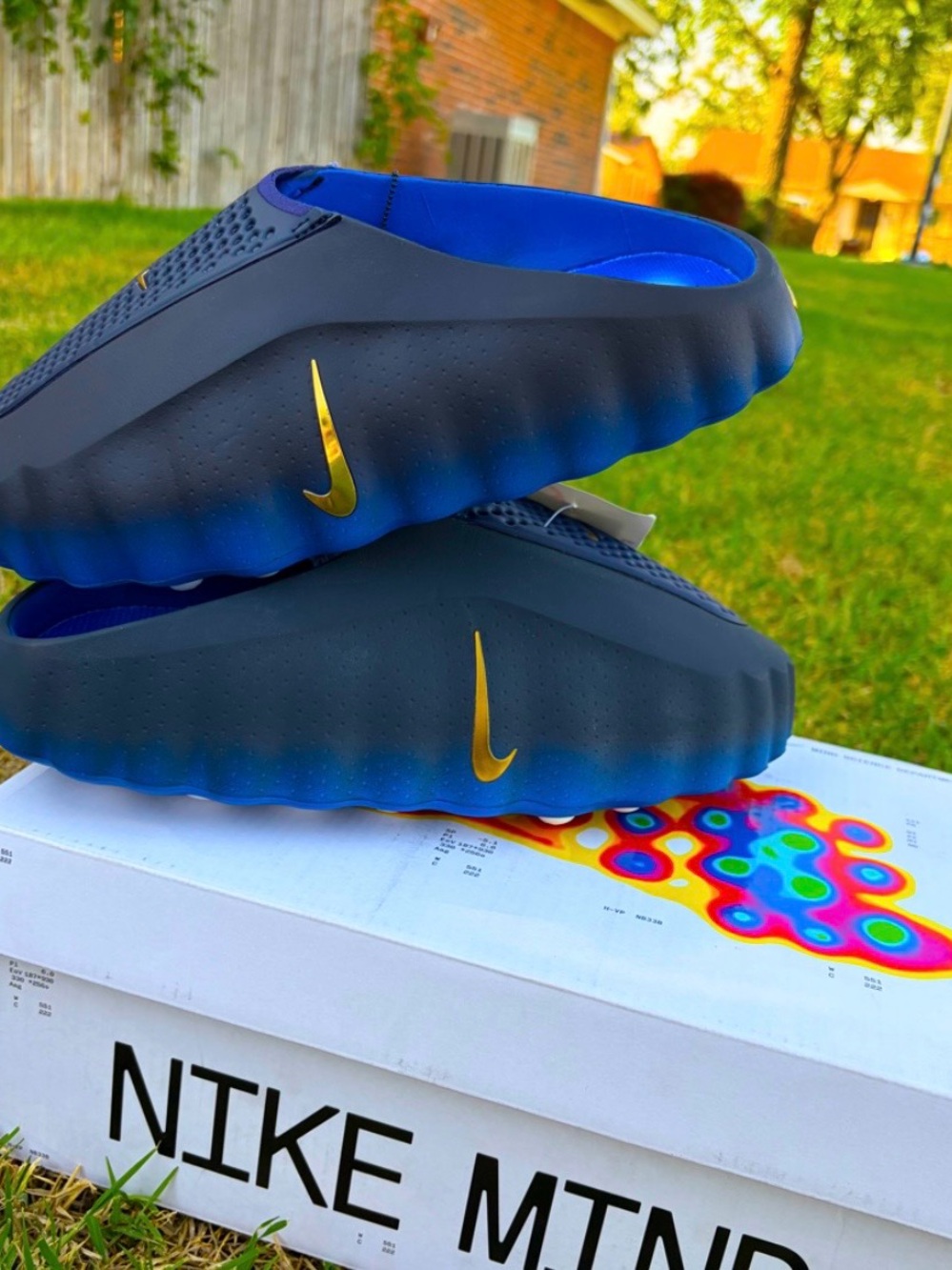 Nike Mind 001 Blue Slide Sandals with Gold Swoosh